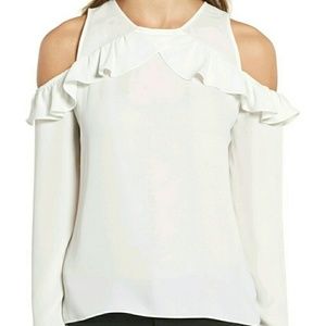 NWT Trouve Ivory Ruffle Neck Cold Shoulder Top